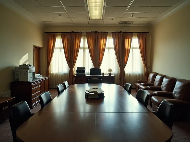 A long old office room with a managers desk, there is a meeting table in front of the office, there are curtains on the two long walls and behind the desk, there is a photocopier, there is a water cooler, and there are large comfortable chairs on one wall