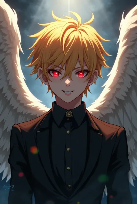 Anime character male with blonde hair and red eyes and white wings on his back devil smile