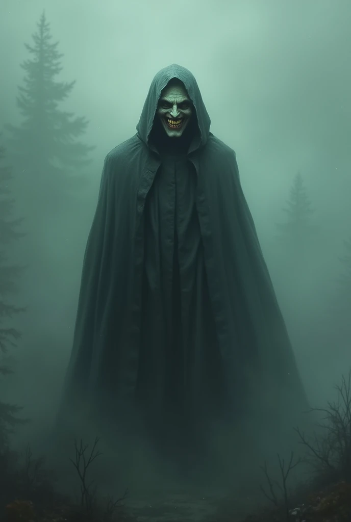 a priest in the fog ,  with a smiling and creepy face. i suoi denti sono gialli