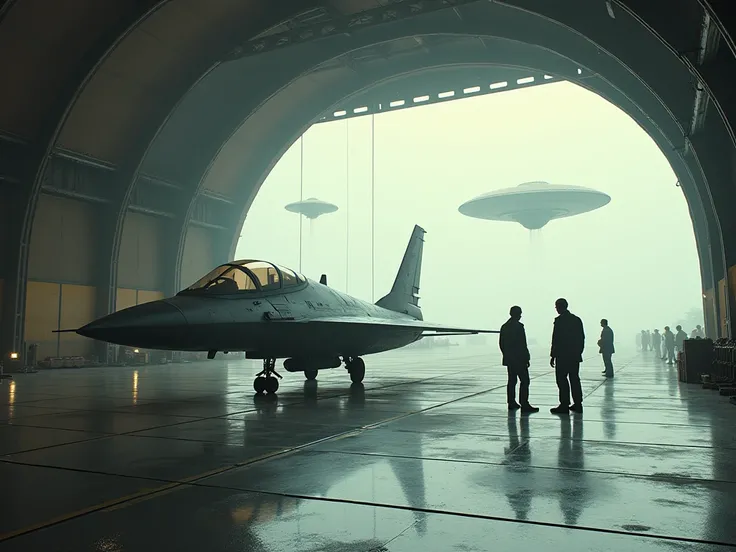  high quality,  8k Ultra HD, extreme sharpness , extreme realism.  shape A large military hangar in the 1970s .  Very bright and clean environment .  You can see some technicians and scientists working on an extremely high-tech fighter, pousado on the floo...