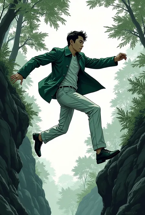 Create an error-free or flawless black-and-white Japanese manga illustrative design by South Korean actor Lee Jung-jae wearing a set of cool green and white clothing jumping over a cliff in a forest while fleeing. 