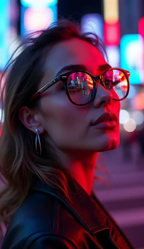 A stunning image of a woman wearing glasses, reflecting the vibrant neon lights of the city. 
It beautifully captures the energy and allure of urban life. 
Looking forward to more discussions and sharing thoughts!