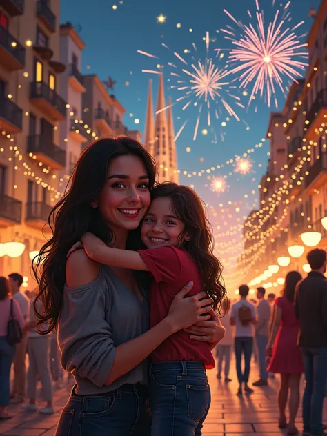 Make me another image of a teenage mother and daughter celebrating New Year 2025 in a landscape of Barcelona