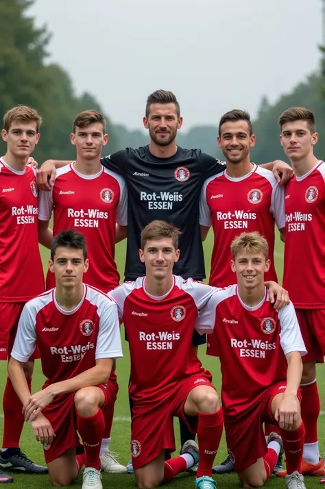 A U19 soccer team a joint photo with the coach , soe wearing red white jersey that says Rot-Weiss Essen 