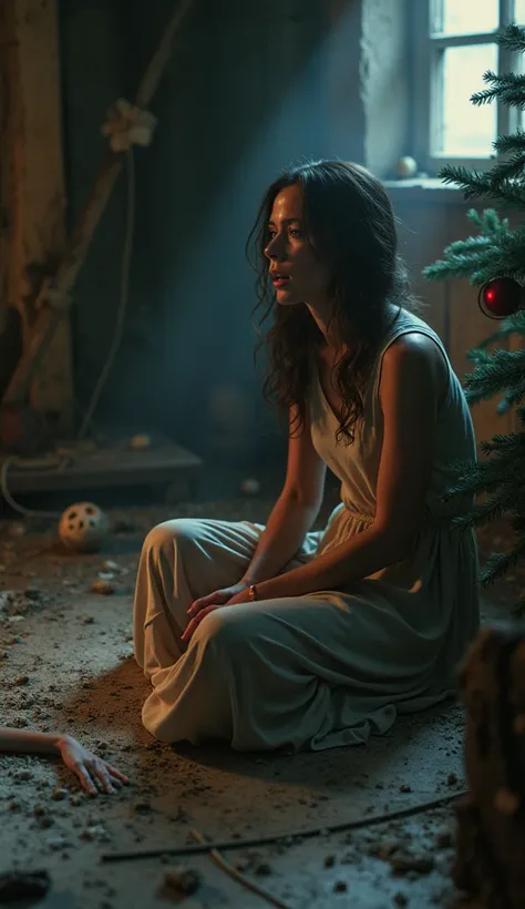 A woman alone in her house sitting with a surprised face on Christmas Eve in front of a Christmas tree and her house in misery and Jesus crouching up from the floor with a face of kindness 