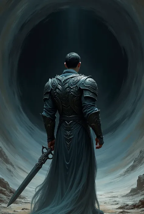 a man with short black hair carrying a holy sword, wearing armor in a cool style and with a black hole in the background and his back to the screen