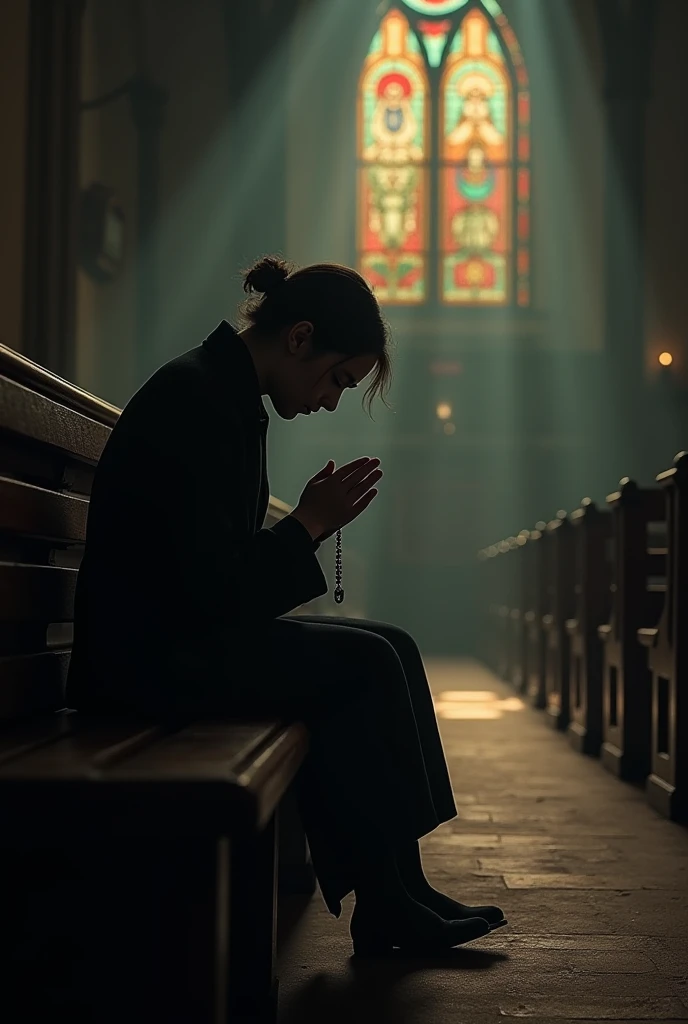 A person sitting alone on a wooden bench inside a dimly lit church, their head bowed in silent prayer. The soft light streaming through stained-glass windows illuminates their clasped hands holding a rosary, with fine details of the pews and altar in the b...