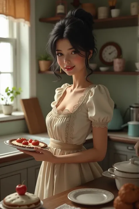 Create a image of a young beautiful black haired women in vinatge style, baking cake for her secret lover 