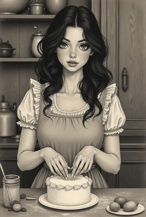 Create a image of a young beautiful black haired women in vinatge style, baking cake for her secret lover in pencil art