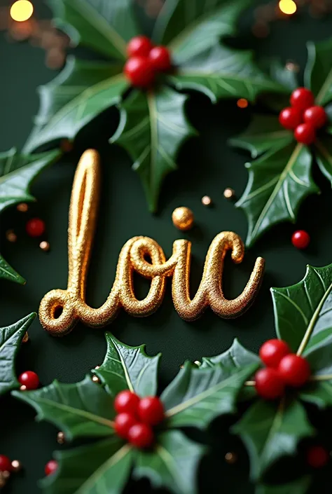 Place marker with first name Loic written in shiny gold on a festive holly theme 