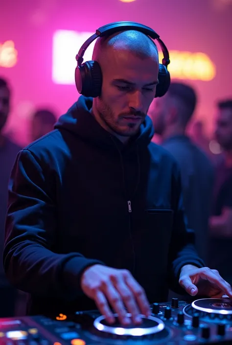  White-skinned Man , DJ, ubrany w czapkę z daszkiem i bluzę, on-ear headphones, looking at the camera lens,  Behind him blurred audience ,  club in the colors of tycoon and cyberpunk 