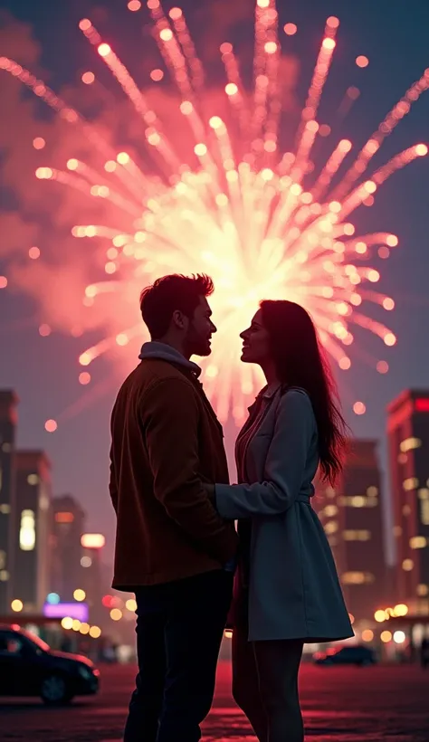 a young couple in a city watching fireworks