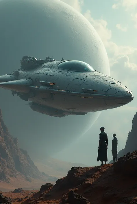 "An advanced alien ship hovering over the surface of an exoplanet, piloted by Gray aliens, with their distinct grey skin and large black eyes."