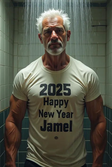 Un daddy  musclé cheveux blanc sous la douche portant un t-shirt inscrit dessus 2025 happy new year Jamel 