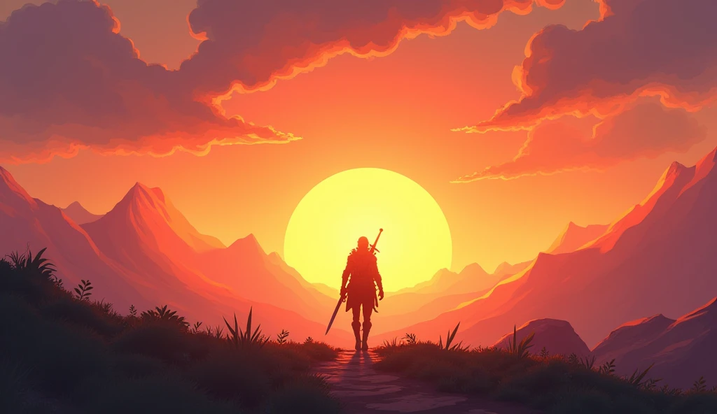 In the sunrise 、The hero sets off with a sword in one hand