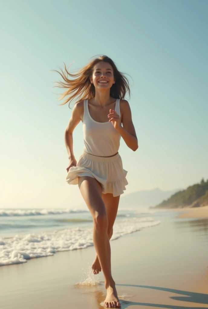 The girl without jwellery running on the beach 