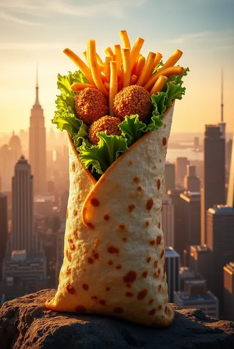 A stunning cityscape with a sky full of towering skyscrapers, each reflecting the golden light of a setting sun. In the foreground, a whimsical, oversized wrap roll stands like a monumental building, crafted with crispy chicken, golden french fries, and fr...