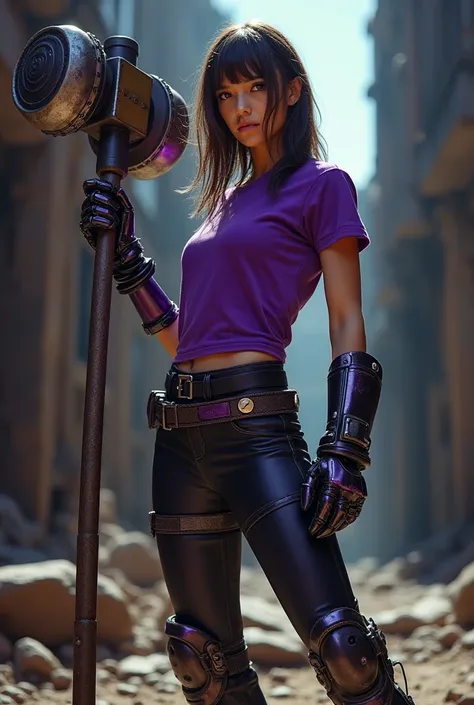 Looking serious at the viewers. Full body image. A fierce female cyberpunk warrior with a visible mecha hand gripping a massive hammer, her cybernetic enhancements gleaming under the sunlight. She stands in a powerful pose, her purple shirt and metallic el...