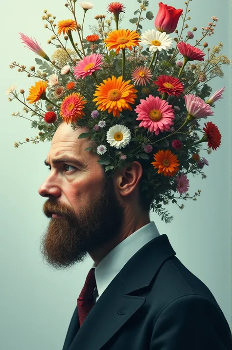 Based on the real image of Freud ,  make him with flowers coming out of his head 