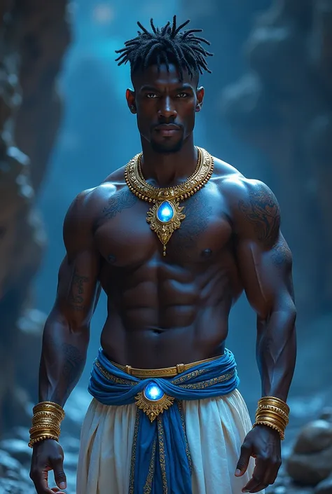 hyperrealistic image of extremely handsome dark skin, muscular, glowing blue eyes, bodybuilder, black hair, golden tattoos , have glistening body, wearing a magical blue crystal necklace and white and blue traditional pants and golden bangles on both his w...