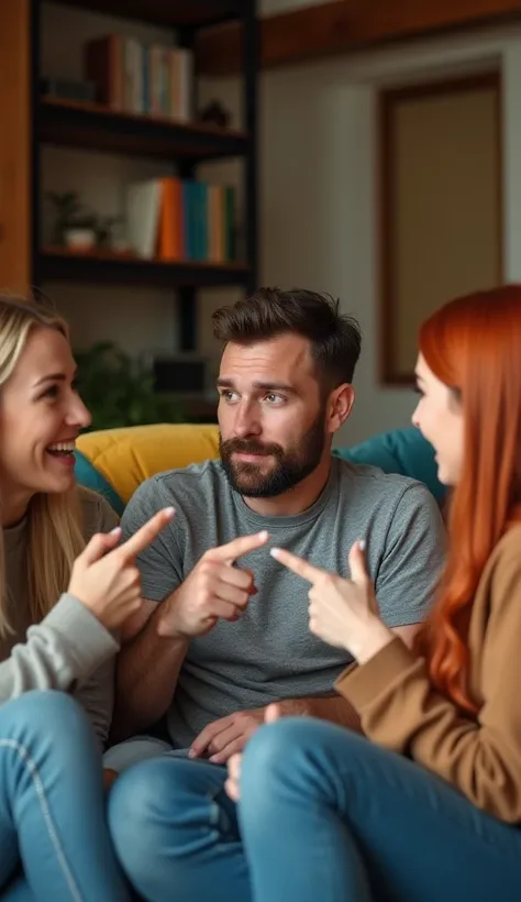 Realistic photograph of a group of three people sitting on a sofa in a cozy living room, arguing excitedly . in the center,  a 35-year-old man ,  short dark brown hair ,  well-trimmed beard ,  clear skin and green eyes ,  listens carefully as two women nex...