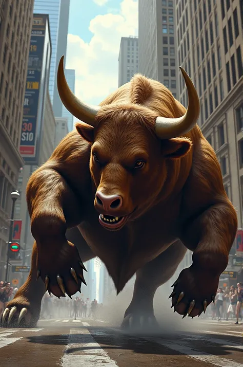 Wall Street bear and bull face to face with the bear holding the bulls horns