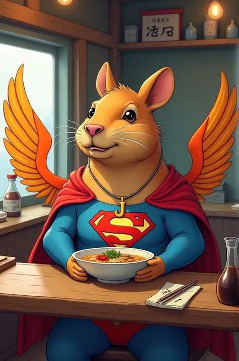 A capybara wear superman wing eith latter "J" at necklace wating ramen on old japanese ramen bar. Woth soy sauce at the table. Cartoon 