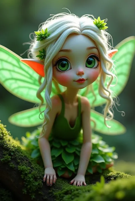 little fairy, Cabelo Dreads Cipó, big light green eyes,green lipstick, green nails, moss top and moss skirt ,  white skin ,  dragonfly wings with green roots