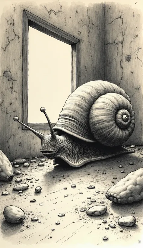 、 Mizuki Shigeru Kaze 、Pen drawing、Precision、delicate、 Calm Colors、Ruined Room 、 Fantastic、Vertical composition、Fine shading、 hand drawn style 、Pen drawing、Pointillism、Black and white painting 、Gallo comics、A giant snail in the middle of the room