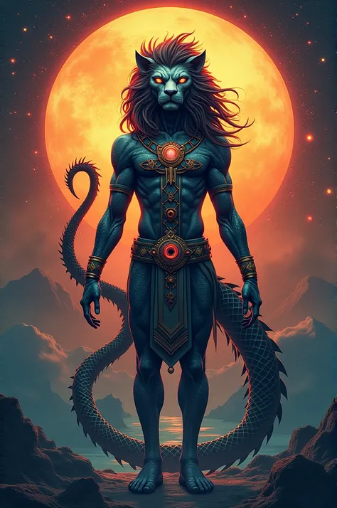 Makha Nakshatram star in lion head human with kethu and another half dragon tail warrior and background sunrising modern style symbol 