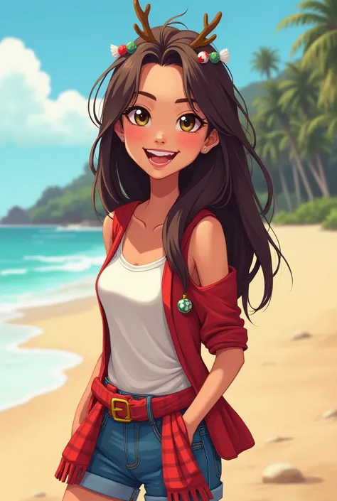  23-year-old woman with the beach in the background dressed in casual clothes , with long dark brown hair and little messy and with a Christmas theme,  cartoon  