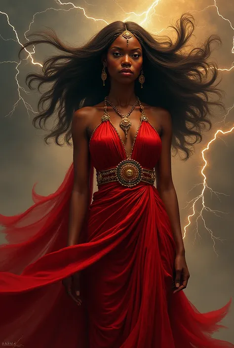 I need you to create as faithful a representation as possible of Iansã the goddess of wind and lightning,  she is represented by Candomblé and Umbanda , She wears red robes ,  is beautiful being a black woman 