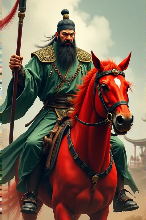 Chinese man with long beard and moustache wearing green han suit and hat his face look angry holding halberd riding red horse 