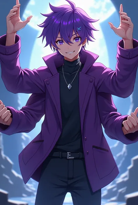 Anime boy purple hair purple jacket with 4 arms 