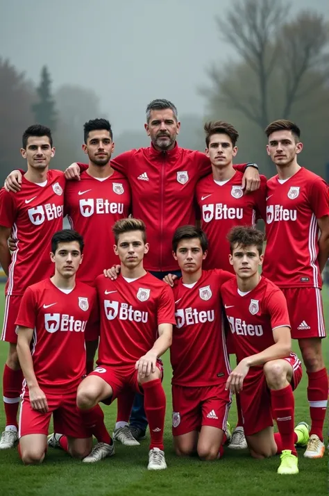 A U19 soccer team a joint photo with the coach , soe wearing red white jersey that says Rot-Weiss Essen 