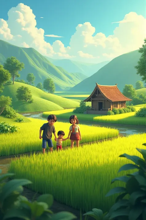 Make A 3D picture 
A lush, green village surrounded by hills, with a small wooden house. Dika, a cheerful boy with brown hair, is helping his father farm in a rice field under a warm morning sun.