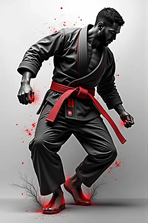  The word jiu jitsu in capital letters and that the letter be in the form of belts and an image that represents that martial art the colors of being in black and white with certain lines in red