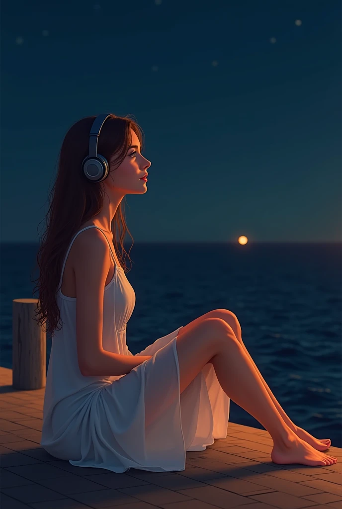 A sexy young woman sitting on a summer night pier, headphones on, looking out over the horizon. She has long, wavy hair, and wears an airy white summer dress. The scene is illuminated with a warm and soft light, creating a serene and relaxing atmosphere. T...