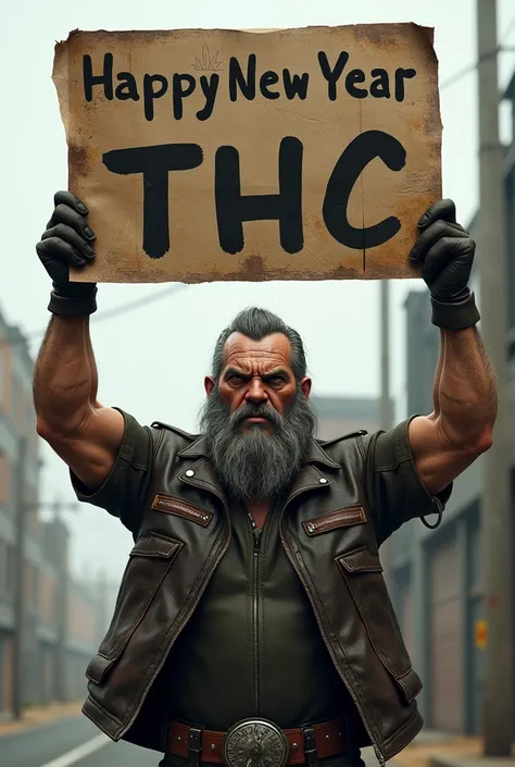 old angry muscular biker holding a sign that says "Happy New Year THC "