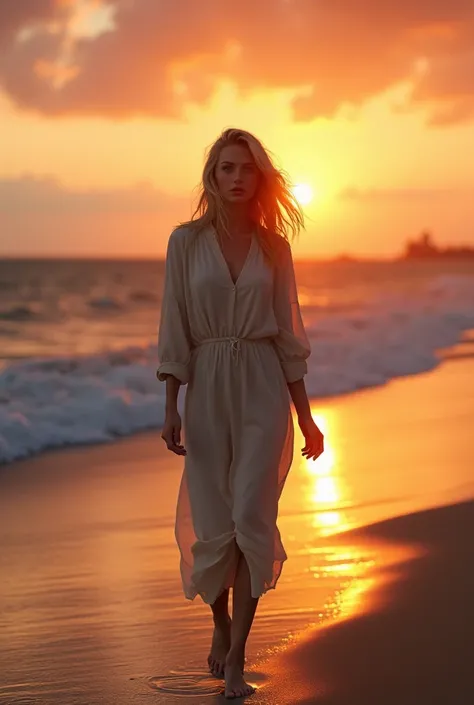 A light-eyed blond woman walking on the beach sand at sunset