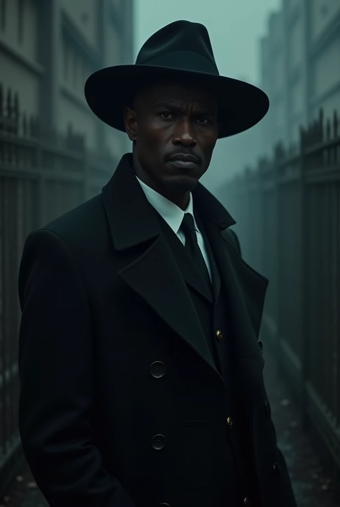 Yum dark-skinned black man, wearing a wide-brimmed hat, an elegant overcoat and a tie .  He is positioned in a dark and hazy environment ,  with structures similar to fences in the background . The lighting is faint,  creating a mysterious and charged atmo...