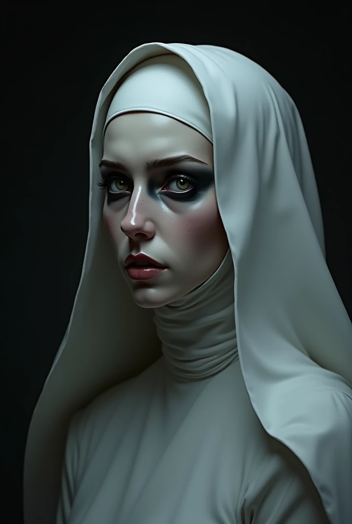 BEAUTIFUL NUN IN DARK MAKEUP IN PROFILE LOOKING AT THE CAMERA SCARED