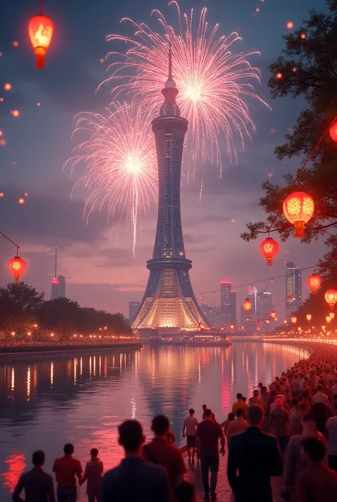 2025, Happy New Year,Fireworks, lotus tower, lanterns A river