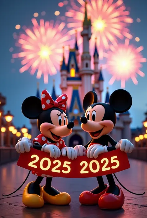 Mickey et Minnie, souriants, devant le château Disney, avec des feux dartifice, tenant une pancarte notre en française "BONNE ANNÉE 2025"