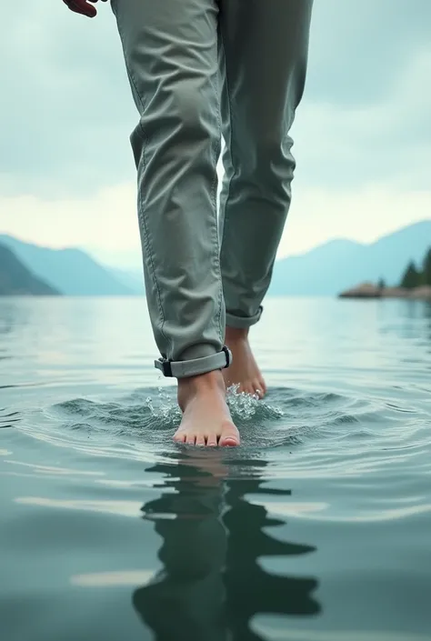 An image of male feet walking on water