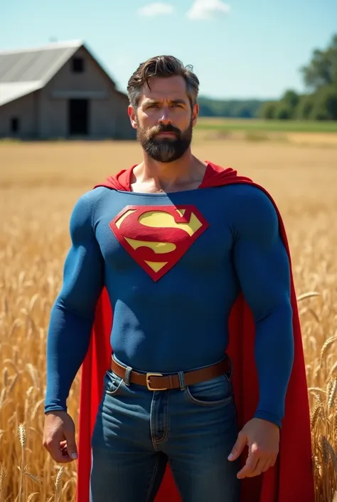 A middle-aged man with a stubbled beard, showing clear signs of short, well-groomed facial hair, wears a classic blue Superman costume with a red cape. He stands confidently in the middle of a vast wheat field, the Superman S emblem proudly displayed on hi...