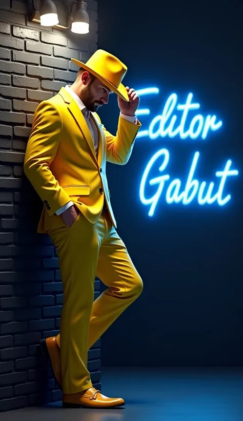 3D image of a mysterious man wearing a yellow suit, yellow trousers, yellow loafers, yellow cowboy hat, hand holding the hat while bowing his head slightly, leaning his body against a black brick wall, a man leaning against the left of the wall with three ...