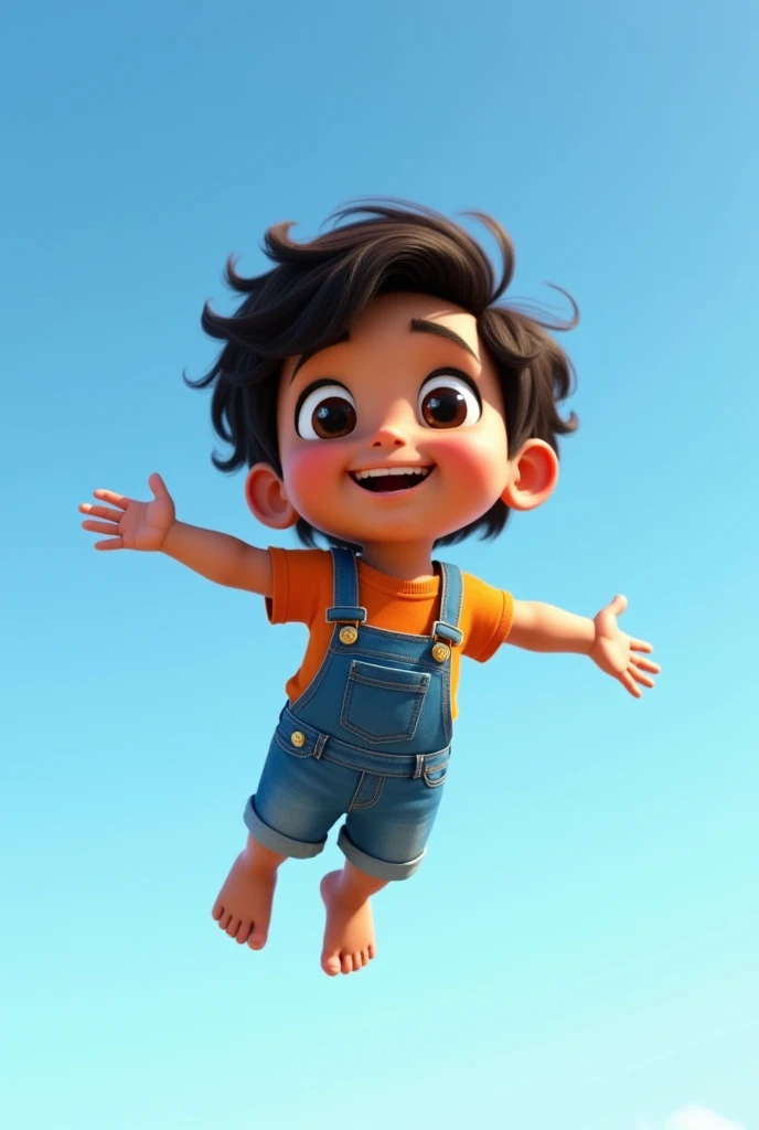 The main character should be inspired by my brother, Ângelo Gabriel, represented in the Pixar animation style. He has light brown skin and dark brown, wavy hair with loose curls that fall naturally. His face has soft features, with a rounded chin, slightly...