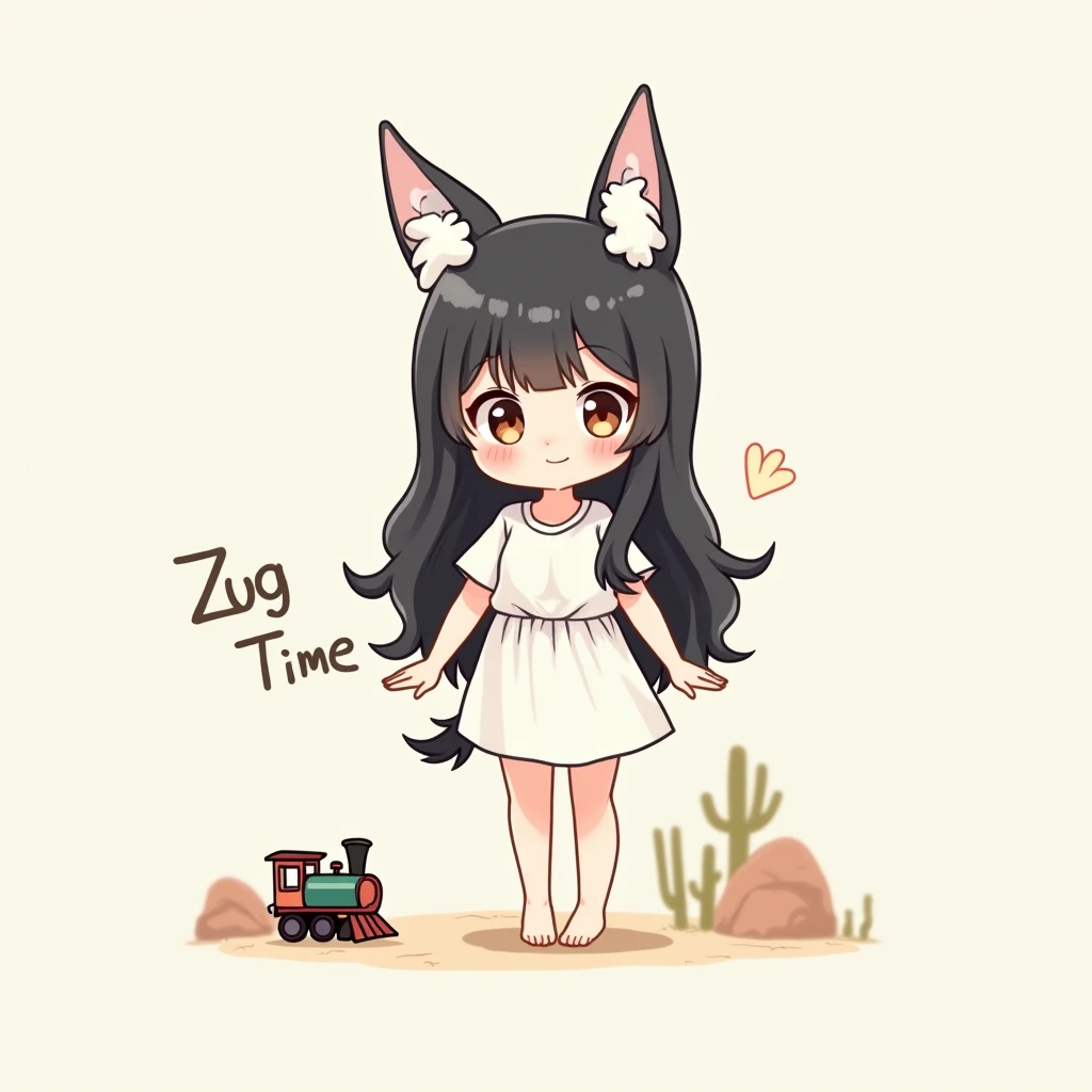 Woman with white animal ears, long black hair, barefoot, train toy, "zug time", cute, drawing, miniature character, simple