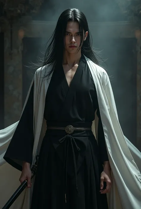 Make a shinigami man realistic person with black katana sword, black kimono, white haori, black long hair, full bangs, and his face should be a handsome man